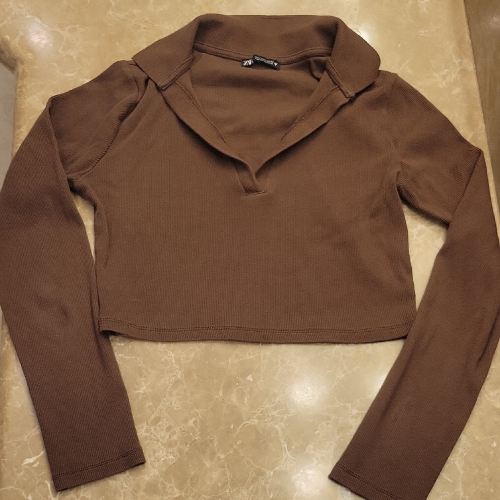 Zara Brown Collared Long Sleeve Cropped Sweater,  L